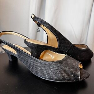 J. Renee Black Glitter Peep Toe Slingback Kitten‎ Heels Size 10.5W